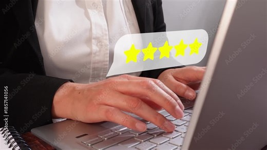 Close-up of a professional woman's hands using a computer with a 5-star satisfaction rating animation.