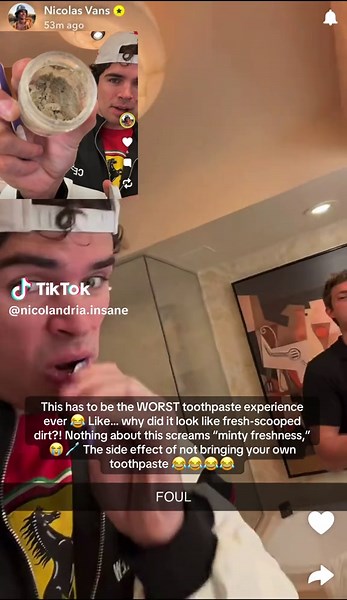 This has to be the WORST toothpaste experience ever 😂 Like… why did it look like fresh-scooped dirt?! Nothing about this screams “minty freshness,” 😭🪥 The side effect of not bringing your own toothpaste 😂😂😂😂 @Nicolas Vansteenberghe #Nicolandria #vancarthens #fyp #toothpaste #viraltiktokedit