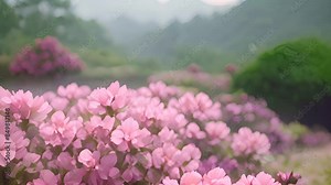 Blooming Pink Azaleas in Mountain Garden with Ai generated.
