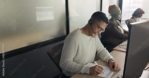 Call center, consulting and communication with businessman writing for telemarketing, customer service or contact us. Sales, crm and technical support with employee in help desk agency for networking