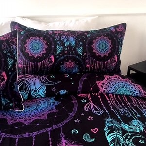BlessLiving Dream Catcher Bedding Native American Bed Set Pink Purple and Turquoise with Feathers Comforter Cover 3 Pieces Indian Ethnic Tribal Bedspread (Full)
