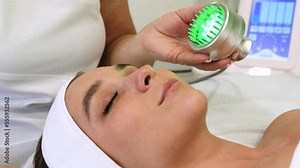 Light infrared therapy. Cosmetology head procedure. Beauty woman face. Cosmetic salon device. Facial skin rejuvenation. Slow motion horizontal video