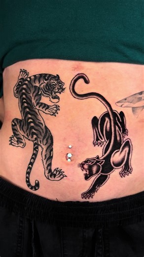Couple of tough cats for a tough client. Tiger is healed and Panther is fresh. Let’s do more big cats! #traditionaltattoo #americantraditional #sandiegotattooartist