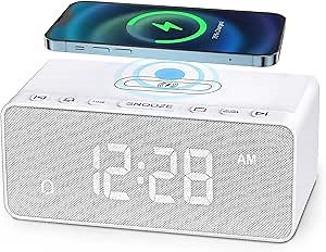 HOUSBAY Digital Alarm Clock FM Radio- Fast Wireless Charging Station | 0-100% Dimmable LED Display | USB Charger | Adjustable Volume | 5 Wake up Sounds| Easy to Set for Bedrooms