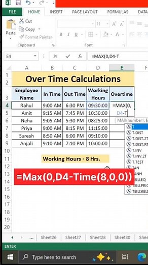 Calculate Overtime in Excel Automatically | MAX Formula Trick ⏱️#excel #exceltips