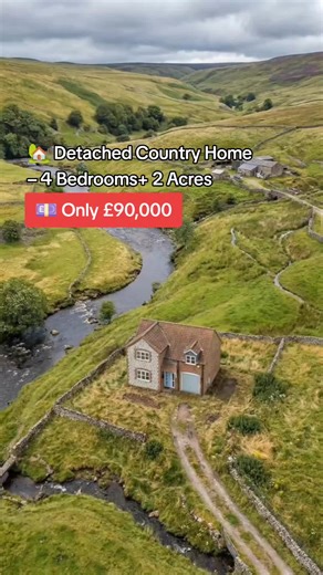 Detached 2-storey home with 4 bedrooms, 3 bathrooms & a spacious kitchen 🌿 Set on 2 acres beside a river, surrounded by rolling hills and open countryside 🌊⛰ Peace, privacy, and pure nature — all for just £90,000 🏡🔥 #UKProperty #CountryHome #HouseForSale #LandForSale #DreamHome