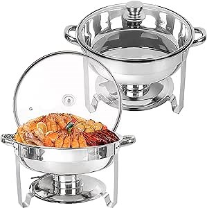 Chafing Dish Buffet Set 2 Packs, 5QT Upgraded Round Stainless Steel Chafer for Catering, Buffet Warmer with Food & Water Pan, Glass Lid, Lid Holder, Frame, Fuel Holder Event Party Holiday