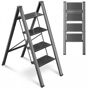 TLGREEN 4 Step Ladder, Aluminum Folding Step Ladder with Anti-Slip Pedal, 330lbs Capacity, Lightweight, for Kitchen, Home, Garage (Black)