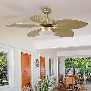 DWVO Tropical Ceiling Fans with Light and Remote, 52 Inch Fan Light with Memory Function, Lights Colors Changing, Quiet Motor, Timer, Palm Leaf Blades for Outdoor/Indoor - Gold