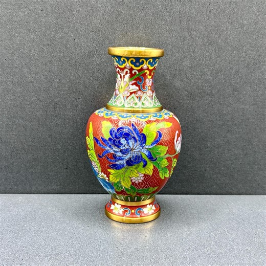 Vintage Red Cloisonné Vase With Blue Chrysanthemum and Birds | Mini Vase 5 Inches - Etsy