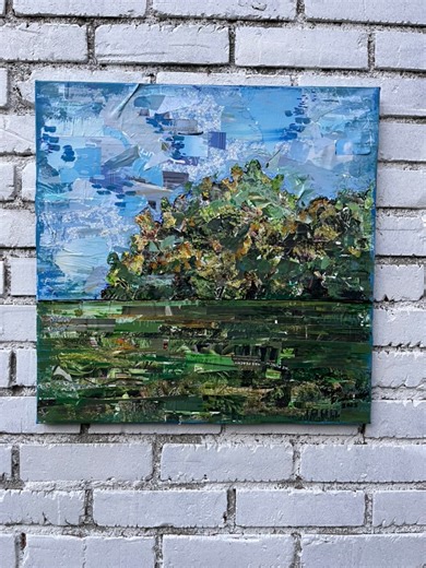 Traded in the paints for the paper for this 20 x 20 collage landscape! All the skys, land and tree made from paper, magazine and fabric! NOW AVAILABLE | Washburn Art | Facebook