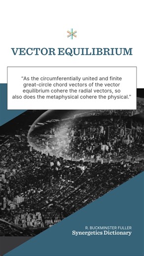 Synergistics Dictionary: VECTOR EQUILIBRIUM "As the circumferentially united and finite great-circle chord vectors of the vector equilibrium cohere the radial vectors, so also does the metaphysical cohere the physical." — R. Buckminster Fuller | Synergetics Dictionary | The Buckminster Fuller Institute
