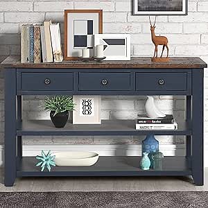 HMFULE 48" Modern Solid Wood Sofa Table Pine Console Table with 3 Storage Dawers and 2 Shelves Storage Sideboard for Hallway(Blue)