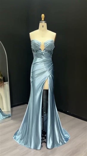 Dusty Blue Satin Mermaid Strapless Sweetheart Prom Dress SH205