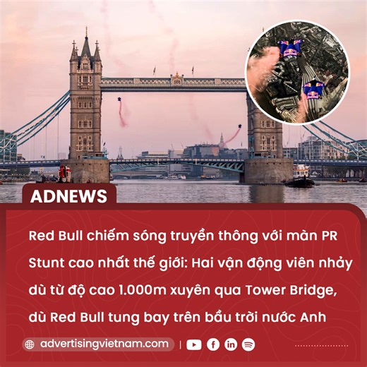 RED BULL CHIẾM SÓNG TRUYỀN THÔNG VỚI MÀN PR STUNT CAO NHẤT THẾ GIỚI: HAI VẬN ĐỘNG VIÊN NHẢY DÙ TỪ ĐỘ CAO 1.000M XUYÊN QUA TOWER BRIDGE, DÙ RED BULL TUNG BAY TRÊN BẦU TRỜI NƯỚC ANH Red Bull, thương hiệu nước tăng lực nổi tiếng với những màn trình diễn thể thao mạo hiểm đầy táo bạo, vừa qua đã một lần nữa ghi dấu ấn mạnh mẽ với sự kiện hai vận động viên nhảy dù bay qua Tower Bridge ở London một cách đầy ngoạn mục. Cụ thể, hai vận động viên nhảy dù chuyên nghiệp Marco Fürst (33 tuổi) và Marco Walte