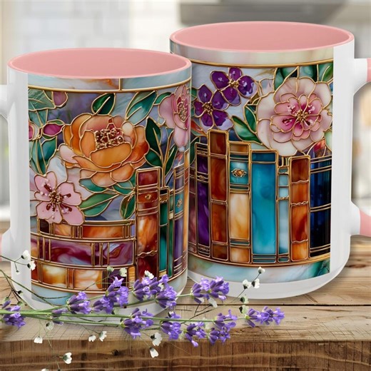 Library Book Mug: Floral Stained Glass Print Coffee Cup, Book Lover Gift, Reading Decor - Etsy