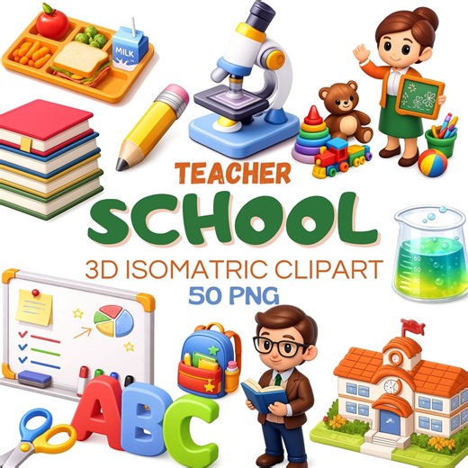 Teacher School 3D Clipart Bundle | 50 PNG Files | Isometric Classroom Graphics for Education & Crafts - Etsy