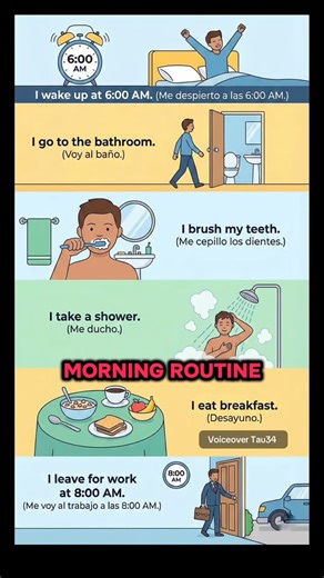 English Words App on Instagram: "Morning Routine 🌅 Master English & Spanish! 🇺🇸🇪🇸 Learn with images 🖼️ I wake up at 6:00 AM. — Me despierto a las 6:00 AM. I go to the bathroom. — Voy al baño. I brush my teeth. — Me cepillo los dientes. I take a shower. — Me ducho. I eat breakfast. — Desayuno. I leave for work at 8:00 AM. — Me voy al trabajo a las 8:00 AM. How to make this video? Guide in bio 📲 Inglés con imágenes 🖼️ Details at tau34.app #MorningRoutine #LearnEnglish #VisualEnglish"
