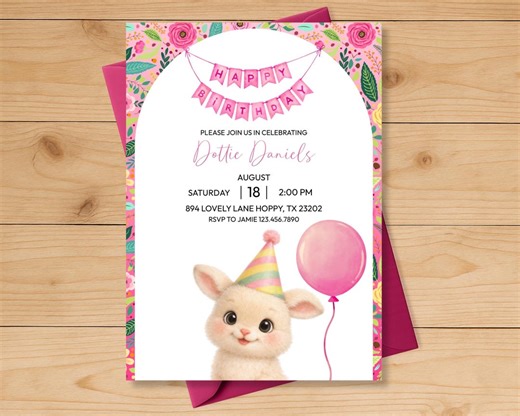 Bunny Birthday Invitation • Rabbit Birthday Party Invite • Floral Bunny Birthday Card • Pink Rabbit Birthday • Girl Spring Animal Printable - Etsy Canada