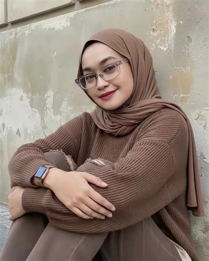 #CapCut ini kk Edit foto ini menjadi foto Seorang wanita Make flawles up Korean look dengan kontak lensa berwarna abu terang. Alis coklat, bulu mata lentik, lipstik nude doop foto modest fashion dengan gaya denim-on-denim yang stylish: Subjek & Pakaian: Seorang wanita berhijab mocca mengenakan sweater rajut oversized coklat , dengan bawahan celana jeans coklat dengan lutut bergaris model sobek sobek ,sepatu sneakers krem. Pose & Properti: Subjek sedang duduk atau bersandar pada dinding bertekstu