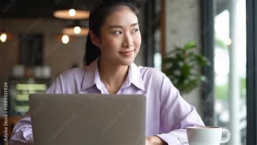 Happy young asian woman working on laptop computer while sitting in coffee shop with cup of hot drink on table