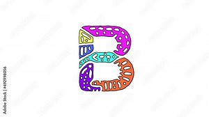 Letter B isolated on clear White background. 4K video. Animated cartoon. Animation effect. Colorful contrasting fun doodle symbol, ornament. Capital Letter B for app interface, sci-fi fiction game. Stock Video