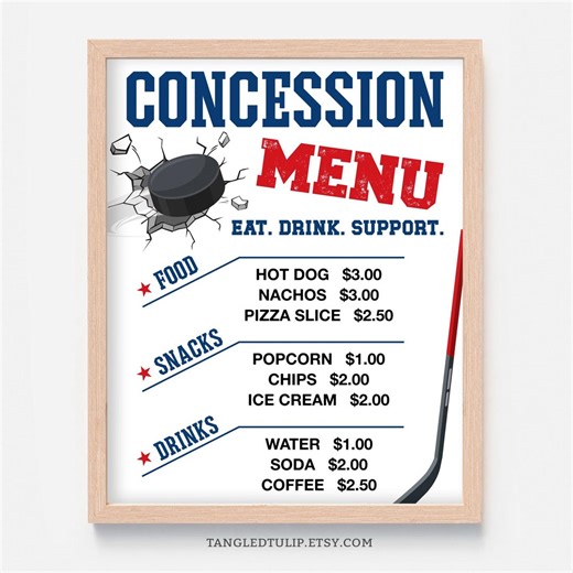 Hockey Concession Menu Poster | Hockey Refreshment Stand Price List | Printable Editable Template | Instant Download CON1 - Etsy