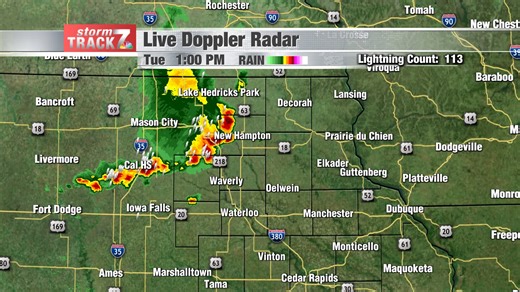 RADAR UPDATE at 1:12 PM: Storms continue to move southeast. Small hail, wind gusts to 50 mph, and locally heavy rain possible with the storms. -Meteorologist Mark Schnackenberg | KWWL Storm Track 7