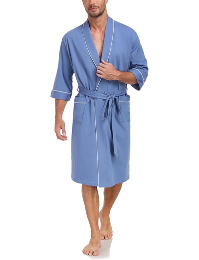 ANLIQI Mens 100% Cotton Short Robes Lightweight Kimono Bathrobe Soft Knee Length Robe with Pockets (Blue, L)