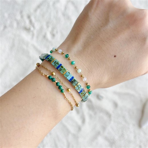 Turquoise Tile Bracelet Set | Ocean Blue Gold Beaded Bracelets | Boho Coastal Jewelry Gift - Etsy