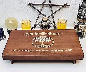 Altar Table, Meditation Table, Small Altar Table, Wooden Witch Altar, Wiccan Alter Table, Buddhist Shrine, Engraved Moon Phase and The Tree of Life on Table Top, 12 × 8 inches