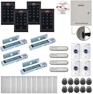 Visionis FPC-8051 Four Doors Access Control Electromagnetic Lock for Outswinging Door 300lbs TCP/IP Wiegand Controller Box, Indoor Use Only Keypad/Reader, Software Included 10000 User, with PIR Kit