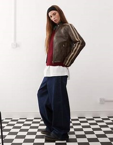 Reclaimed Vintage leather look biker with stripes in washed brown | ASOS