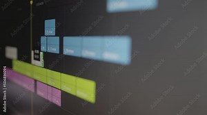 Video editing on the computer. Professional video editing software. Video processing, post-production, clip maker. Moving fragments. Cursor, timeline playhead, playback. non-linear editing