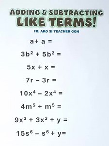 24K views · 262 reactions | Adding and Subtracting Like Terms‼️ #basicmath #mathhacks #mathematics #MathTutor #teachergon #math #mathreview #basicalgebra #liketerms | Ako si Teacher Gon | Facebook