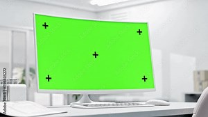 Computer MockUp. Animation, 3D Render. Empty desktop computer on work desk in laboratory or white room. Can be used in erelated to science, education, or technology. Green screen for banner and logo.