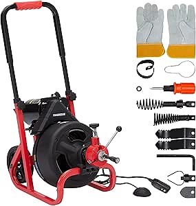 Drain Cleaner Machine, 100 Ft X 3/8 Inch Electric Drain Auger with 6 Cutters Gloves, Auto Feed Drain Cleaner Machine Commercial Sewer Snake Drill Drain Auger Cleaner for 2 to 4 Inch Pipes