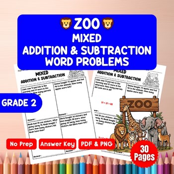 Zoo Mixed Addition and Subtraction Word Problems Grade 2 Worksheets with Answer