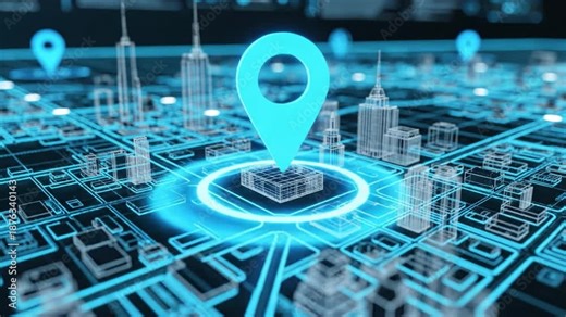 Digital map with glowing location marker over 3D city model and futuristic hologram grid projection, neon blue navigation pin highlighting buildings and streets with illuminated route, 3D buildings