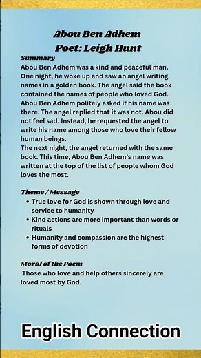 Abou Ben Adhem by Leigh Hunt Summary & Moral | Class 10–12 English #shortsfeed