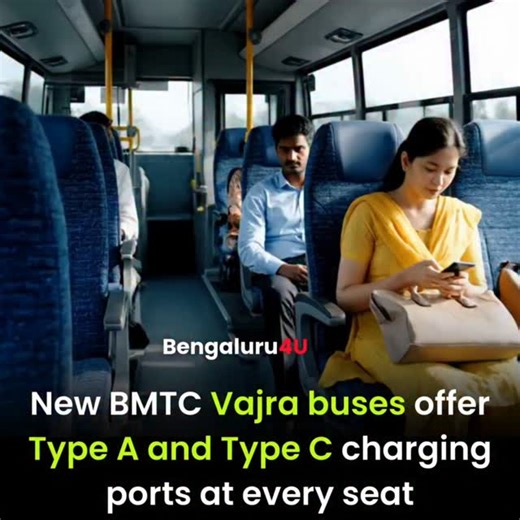 Bengaluru For You | Bangalore For You 💛❤️ on Instagram: "🚌🔌 Travel smarter in Bengaluru! BMTC’s new Vajra buses are making daily travel more comfortable than ever. Every seat now comes with both Type-A and Type-C charging ports, so passengers can charge their phones on the go—no more low battery worries during long rides. The upgraded Vajra buses are designed for modern commuters, airport travelers, and office-goers who depend on their phones for work, maps, and payments. With cleaner interio
