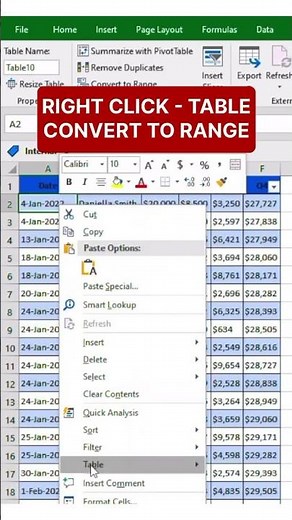 Remove Table Format in MS Excel
