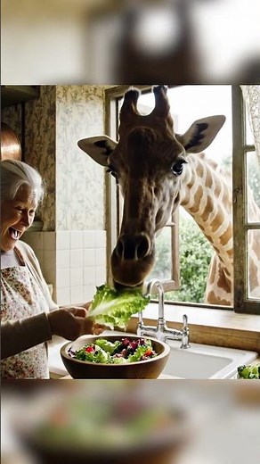 A Giraffe Walks Through an English Street! 😲 Then Grandma Feeds It Greens at the Window 🦒🇬🇧 #shorts