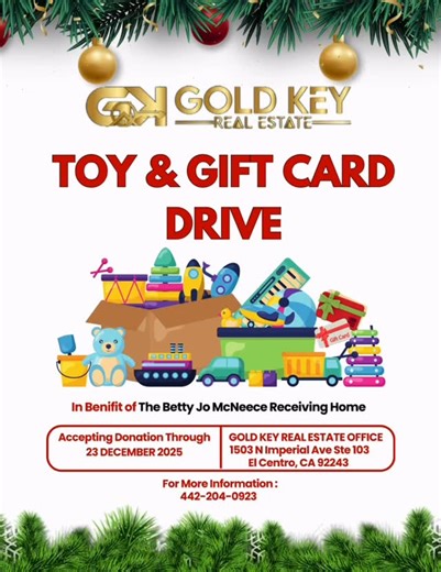 🎁 Gold Key Real Estate Toy & Gift Card Drive 🎁 Benefiting the Betty Jo McNeece Receiving Home 💛 The season of giving is here, and we’re honored to support local children in need! From now through December 23rd, our office will be collecting new, unwrapped toys and gift cards for ages 12 and up at the Betty Jo McNeece Receiving Home. 💳 Suggested Gift Cards: Local stores, clothing shops, and popular fast-food restaurants — simple gifts that go a long way for teens! 📍 Drop-Off Location: Gold K