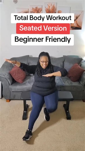 Just getting into fitness and not sure where to start? Try these 4 chair exercises, total body workout without all the pressure. Try 20 repetitions of each move, and repeat as you build confidence and get stronger. Remember, all movement is good movement 💪🏾 #seatedworkout #chairworkout #lowimpactworkout #beginnerfitness #plussizefitness
