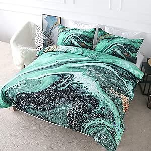 BlessLiving Turquoise Marble Duvet Cover Abstract Print Comforter Cover Set Green Bedding Sets 3 Pieces House Warming Gift (Twin)