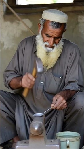 Old age blacksmith making spoon
