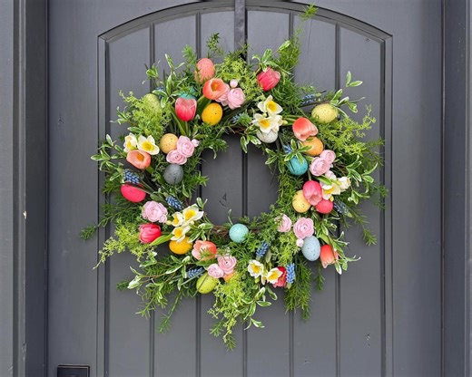 Colorful Easter Egg Spring Wreath With Tulips and Florals, Spring Door Wreath Easter Decor Front Door Wreath Floral Wreath - Etsy