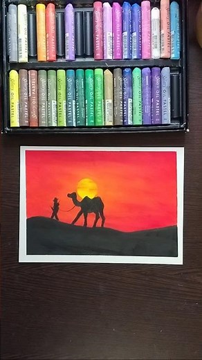 Lonely Desert Sunset 🌅 | Camel Caravan Oil Pastel Art That Feels Like a Story #shorts #easydrawing