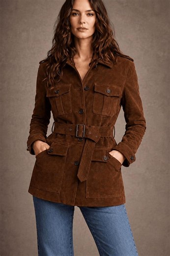 Brown Suede Safari Jacket – Belted Leather Field Coat, Vintage Utility Style - Etsy UK